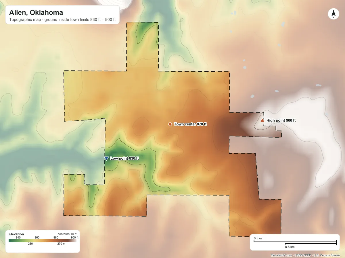 Topographic elevation map of Allen, Oklahoma, shaded from 830 ft on the southwest side to 900 ft on the east side
