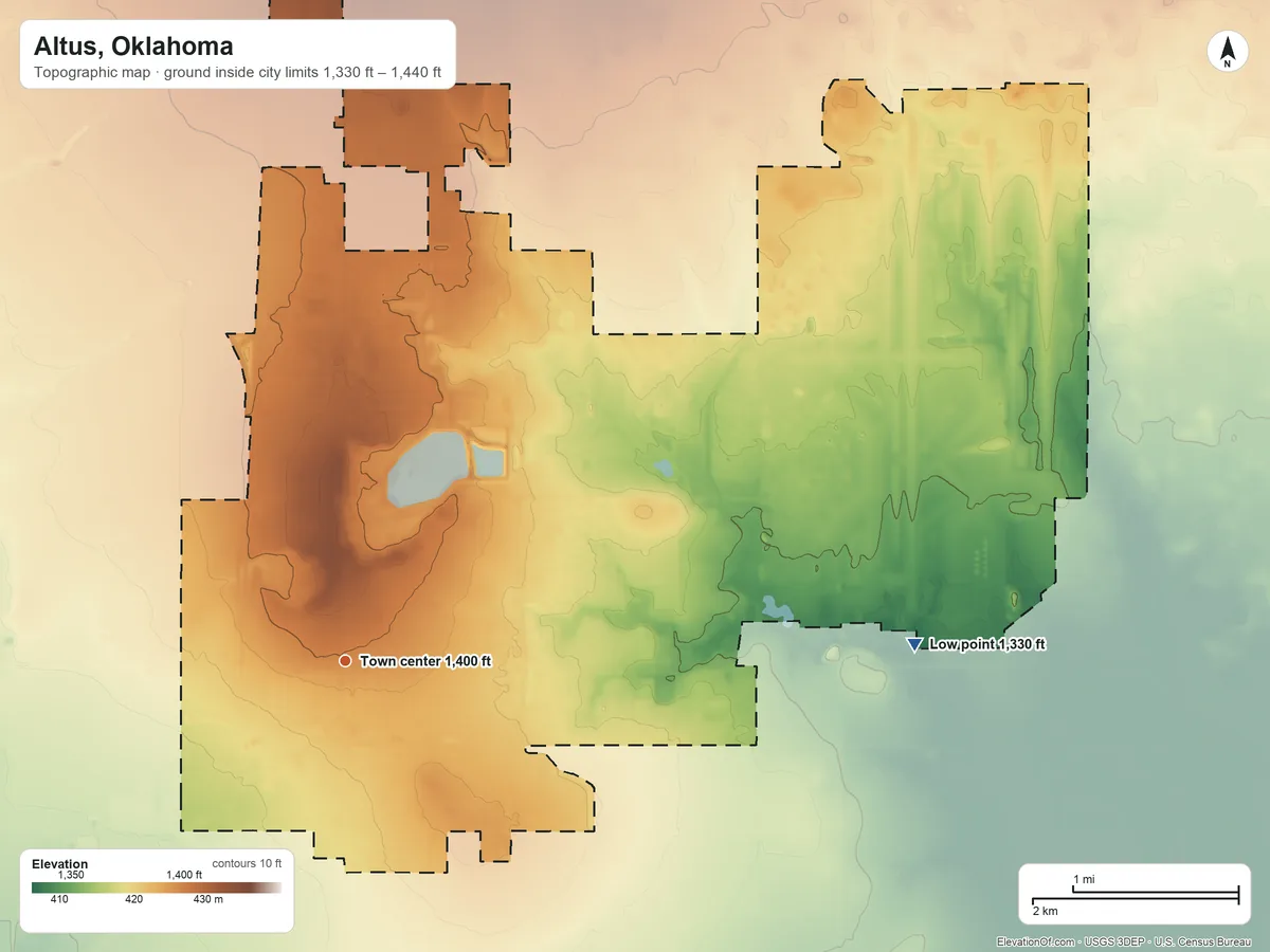 Topographic elevation map of Altus, Oklahoma, shaded from 1,330 ft on the east side to 1,440 ft on the north side