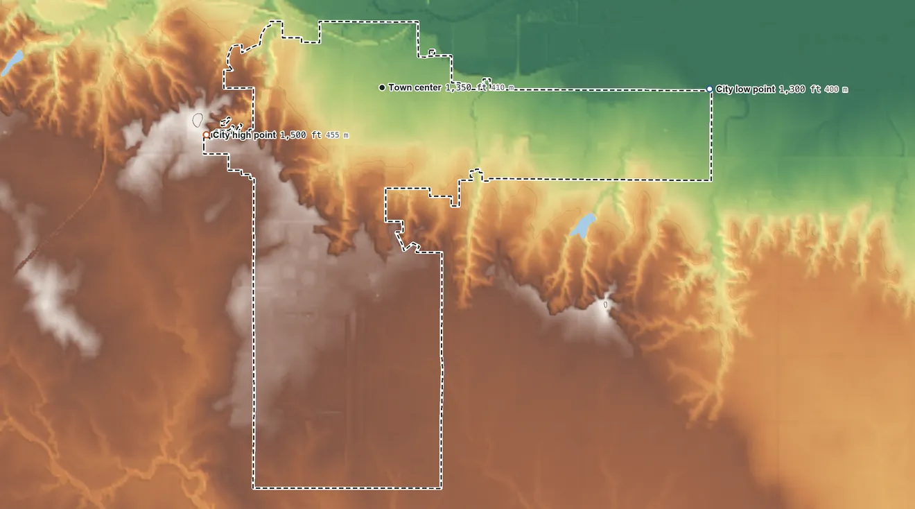 Topographic elevation map of Alva, Oklahoma, shaded from 1,300 ft on the east side to 1,500 ft on the west side