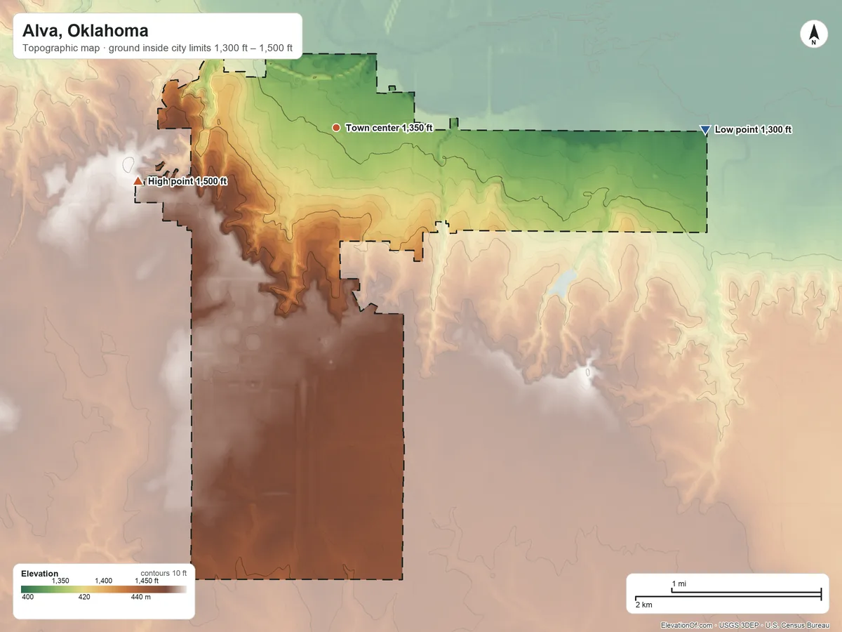 Topographic elevation map of Alva, Oklahoma, shaded from 1,300 ft on the east side to 1,500 ft on the west side