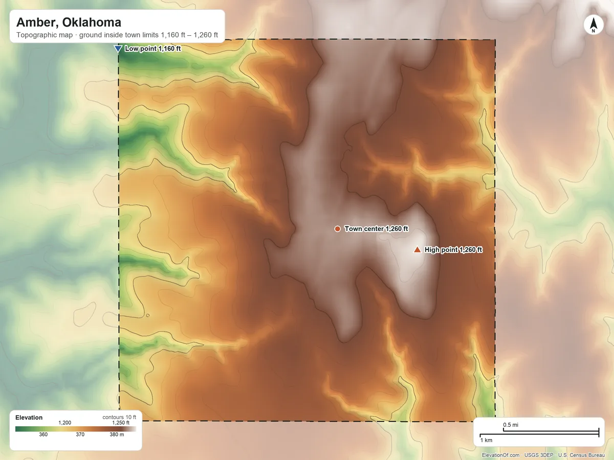 Topographic elevation map of Amber, Oklahoma, shaded from 1,160 ft on the northwest side to 1,260 ft on the east side