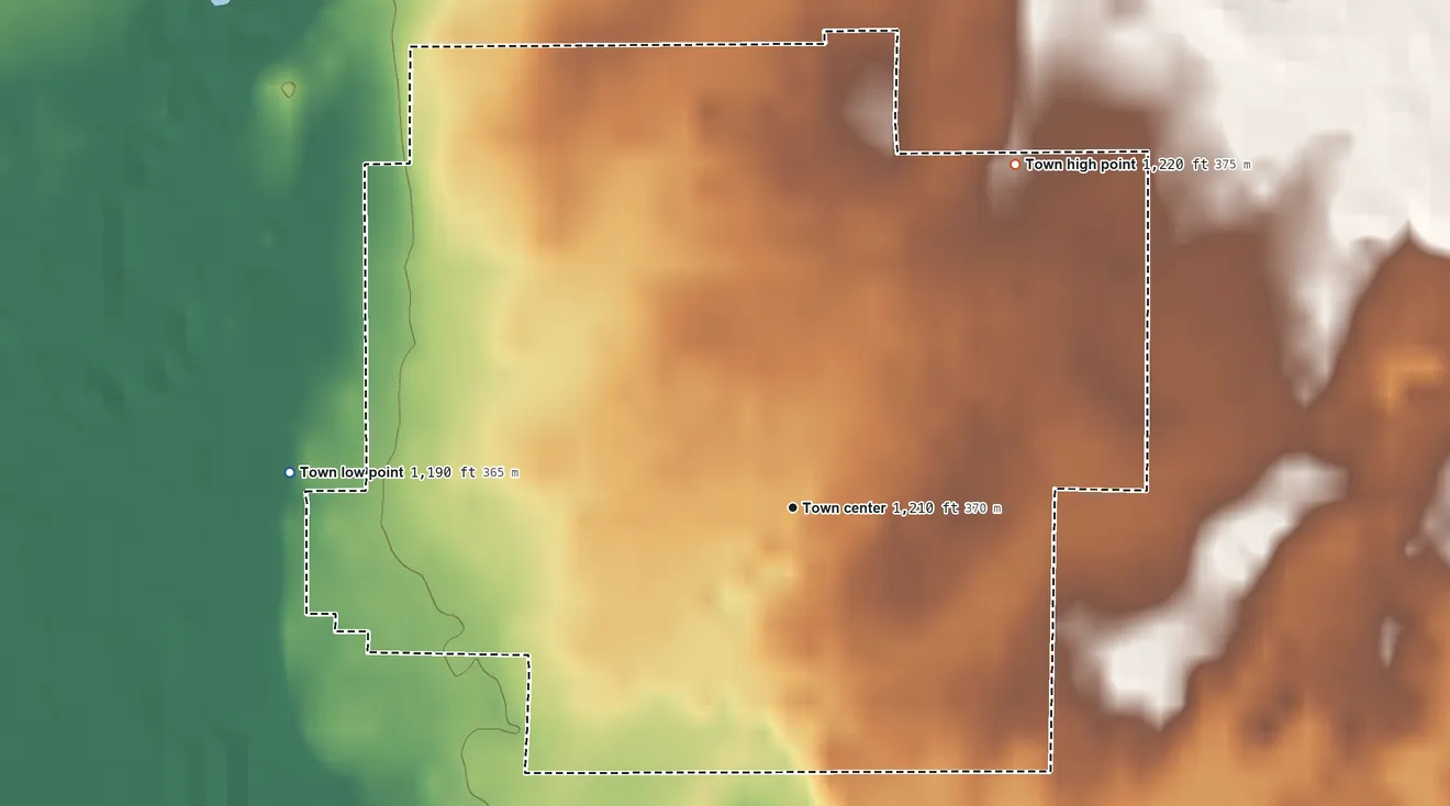Topographic elevation map of Ames, Oklahoma, shaded from 1,190 ft on the west side to 1,220 ft on the northeast side