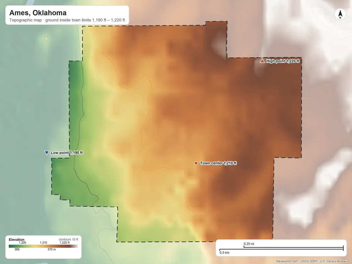 Topographic elevation map of Ames, Oklahoma, shaded from 1,190 ft on the west side to 1,220 ft on the northeast side