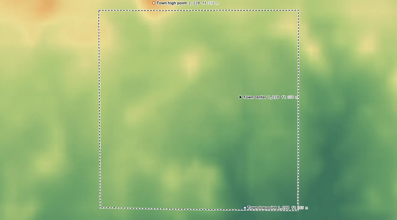 Topographic elevation map of Amorita, Oklahoma, shaded from 1,200 ft on the south side to 1,220 ft on the northwest side