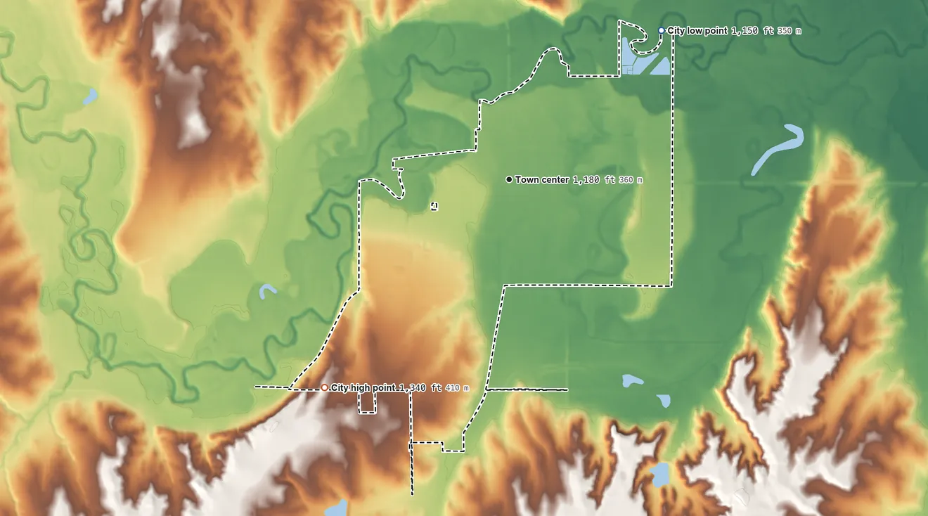 Topographic elevation map of Anadarko, Oklahoma, shaded from 1,150 ft on the northeast side to 1,340 ft on the southwest side