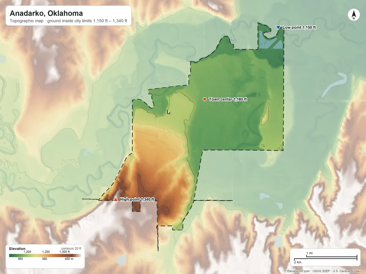 Topographic elevation map of Anadarko, Oklahoma, shaded from 1,150 ft on the northeast side to 1,340 ft on the southwest side