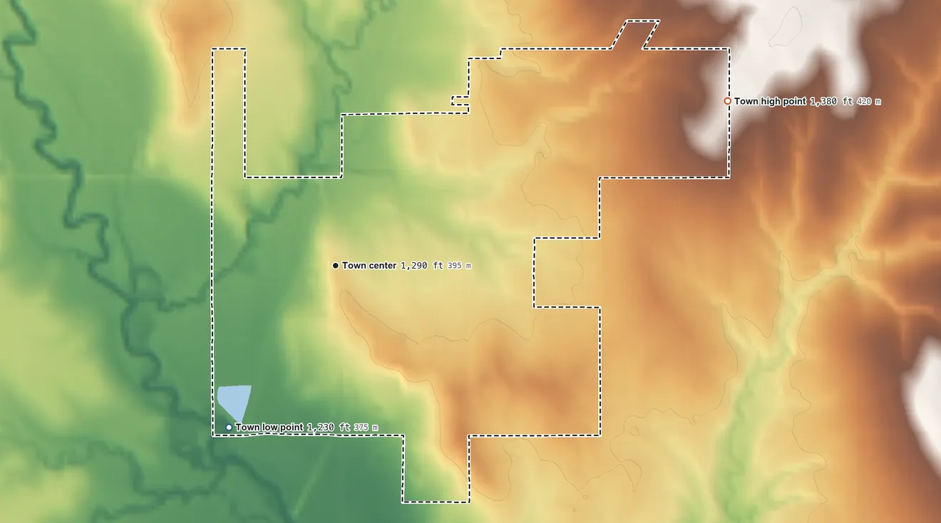 Topographic elevation map of Apache, Oklahoma, shaded from 1,230 ft on the southwest side to 1,380 ft on the northeast side