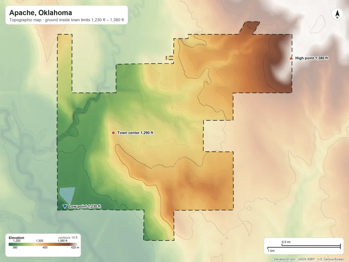 Topographic elevation map of Apache, Oklahoma, shaded from 1,230 ft on the southwest side to 1,380 ft on the northeast side