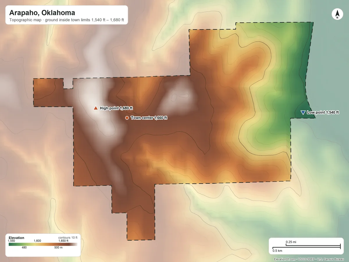 Topographic elevation map of Arapaho, Oklahoma, shaded from 1,540 ft on the east side to 1,680 ft near the middle
