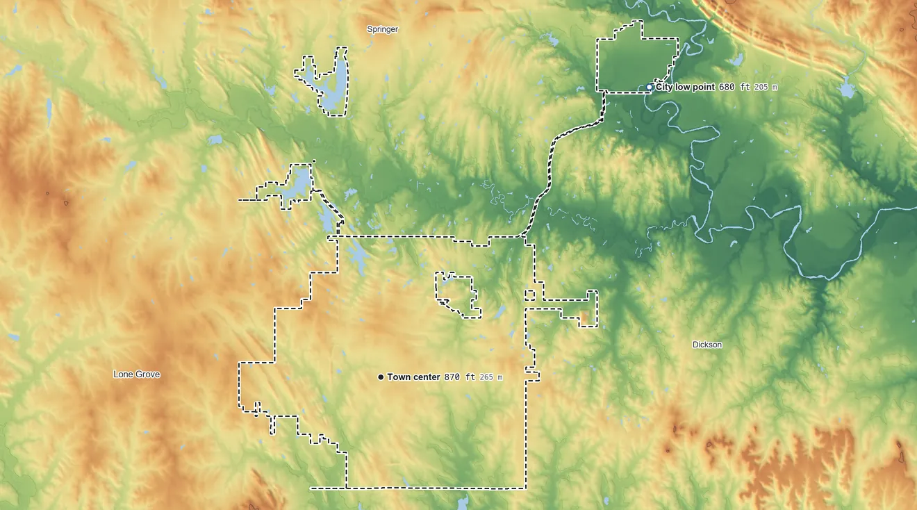 Topographic elevation map of Ardmore, Oklahoma, shaded from 680 ft on the northeast side to 1,170 ft on the northwest side