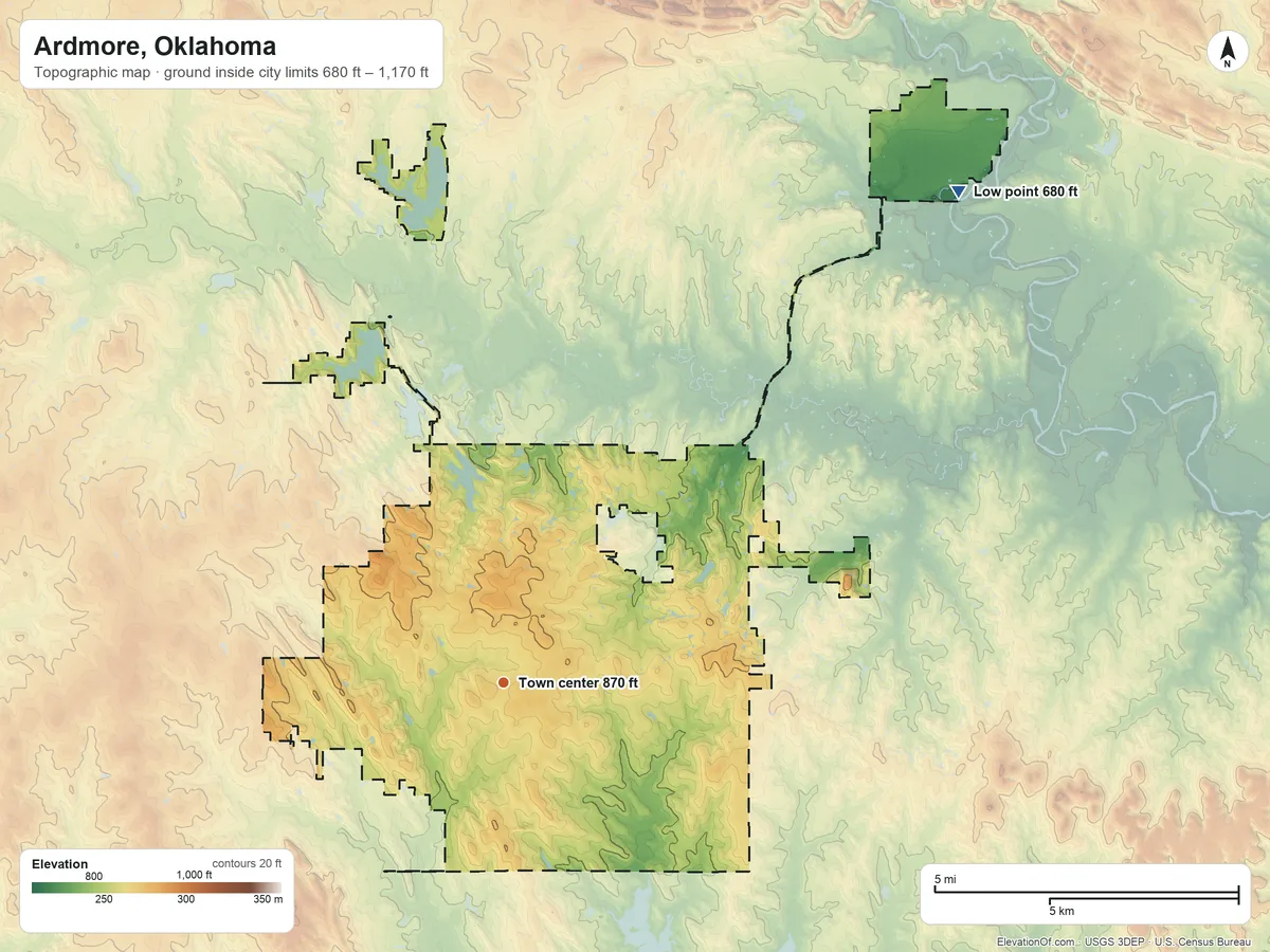 Topographic elevation map of Ardmore, Oklahoma, shaded from 680 ft on the northeast side to 1,170 ft on the northwest side