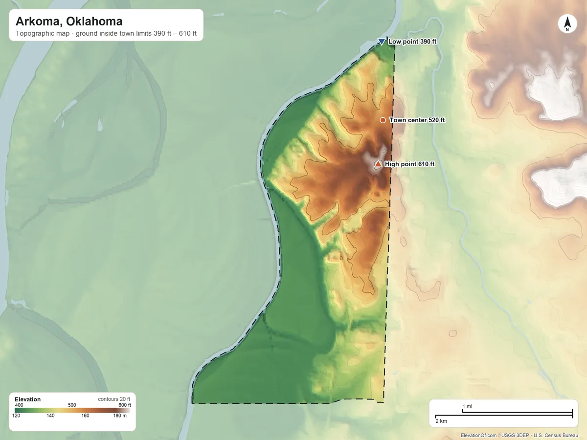 Topographic elevation map of Arkoma, Oklahoma, shaded from 390 ft on the north side to 610 ft on the south side