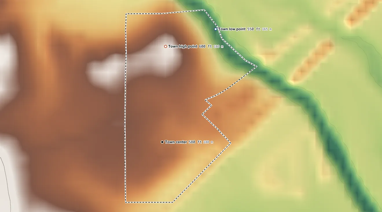 Topographic elevation map of Armstrong, Oklahoma, shaded from 550 ft on the northeast side to 600 ft on the north side