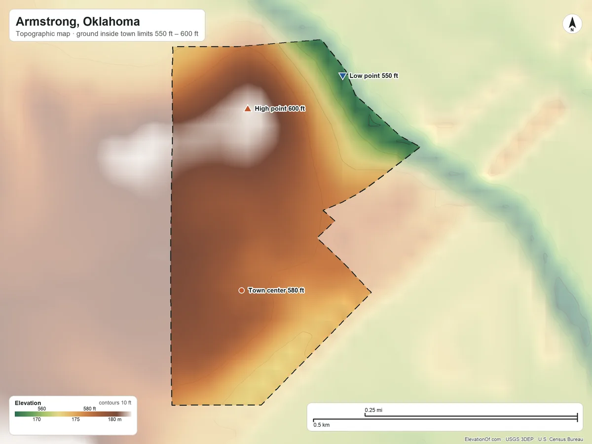 Topographic elevation map of Armstrong, Oklahoma, shaded from 550 ft on the northeast side to 600 ft on the north side