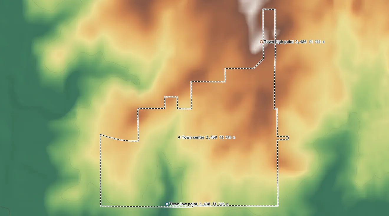 Topographic elevation map of Arnett, Oklahoma, shaded from 2,430 ft on the south side to 2,480 ft on the northeast side