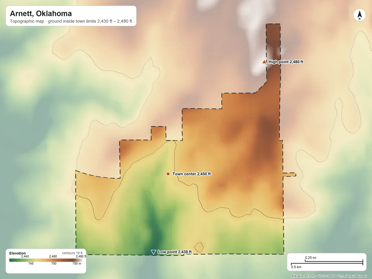 Topographic elevation map of Arnett, Oklahoma, shaded from 2,430 ft on the south side to 2,480 ft on the northeast side