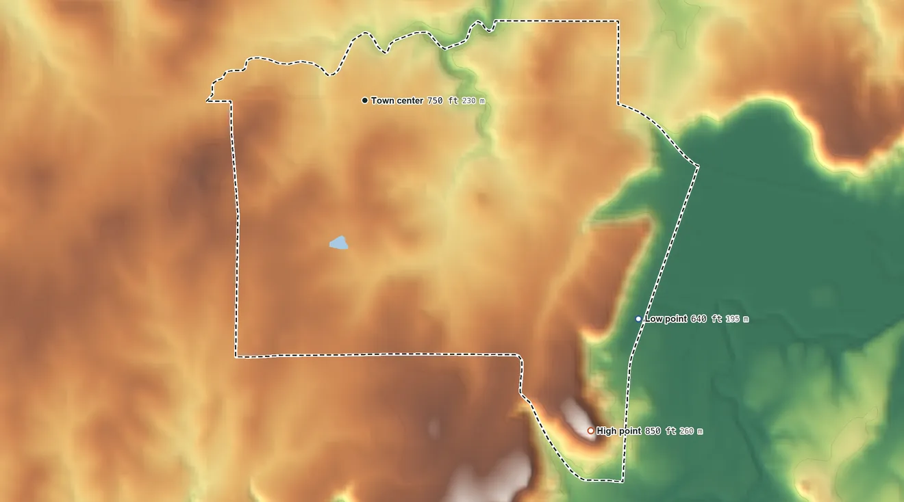 Topographic elevation map of Arpelar, Oklahoma, shaded from 640 ft on the southeast side to 850 ft on the southeast side
