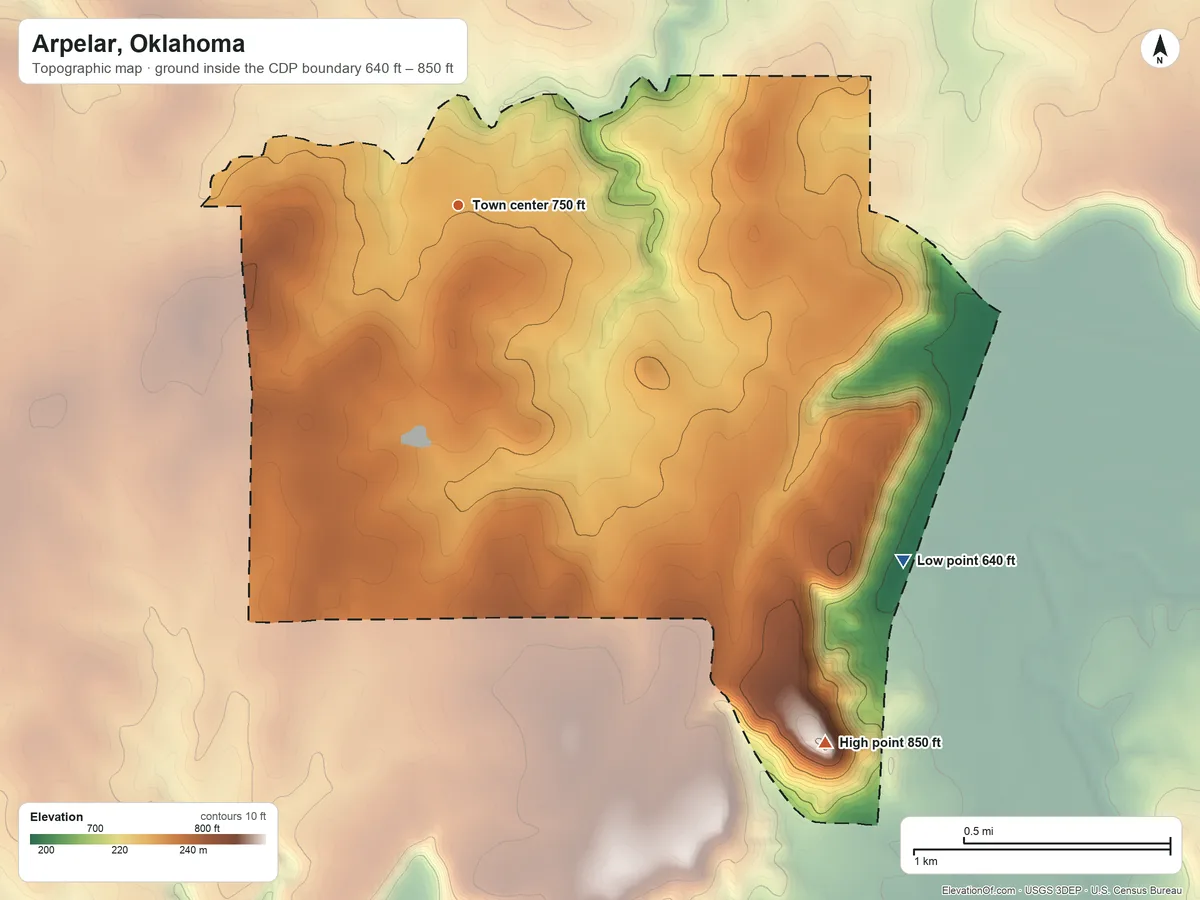 Topographic elevation map of Arpelar, Oklahoma, shaded from 640 ft on the southeast side to 850 ft on the southeast side