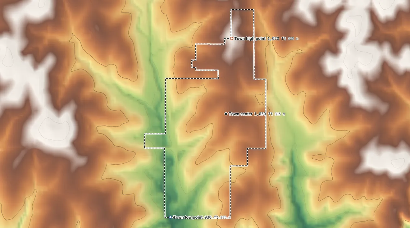 Topographic elevation map of Asher, Oklahoma, shaded from 930 ft on the southwest side to 1,070 ft on the north side
