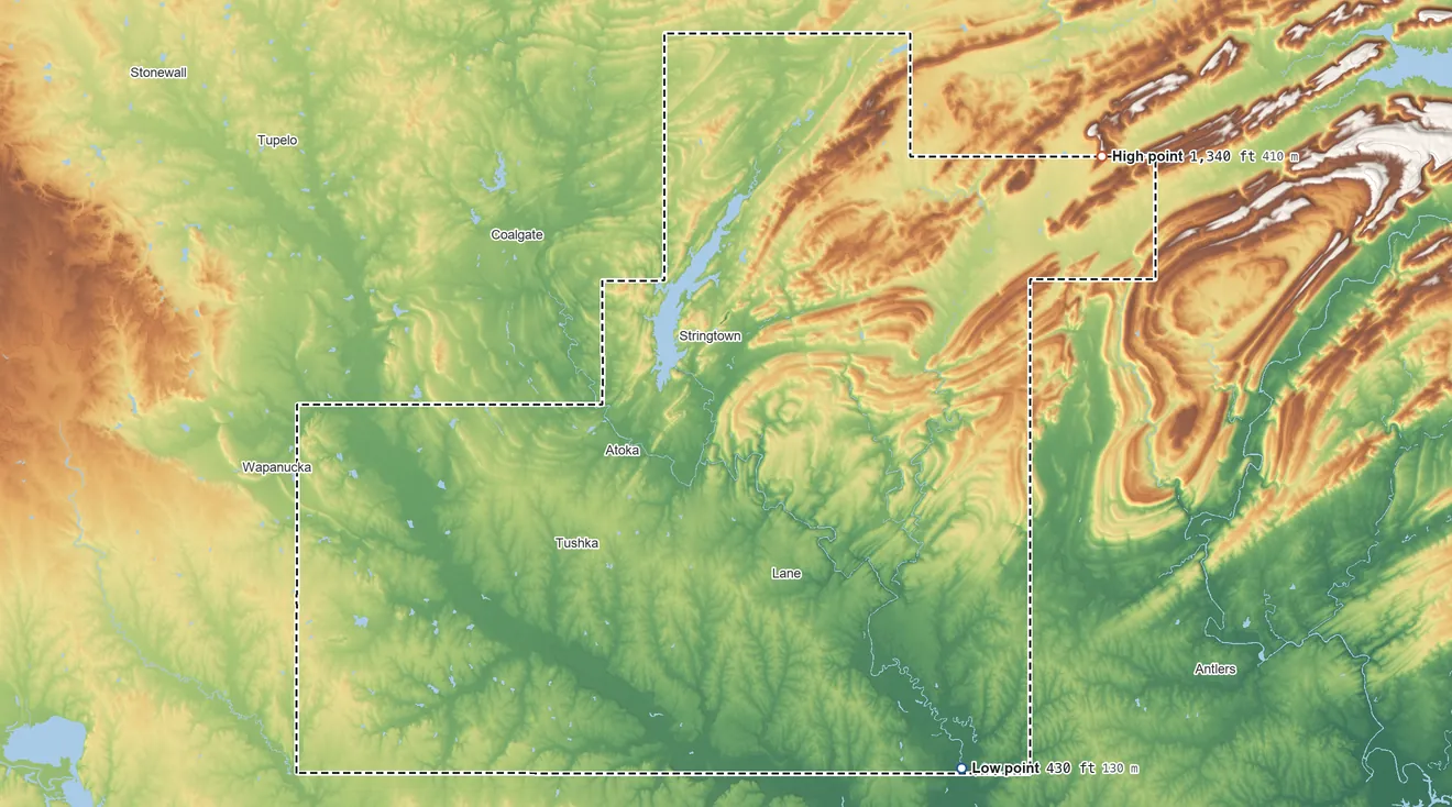 Topographic elevation map of Atoka County, Oklahoma, shaded from 430 ft on the southeast side to 1,340 ft on the northeast side