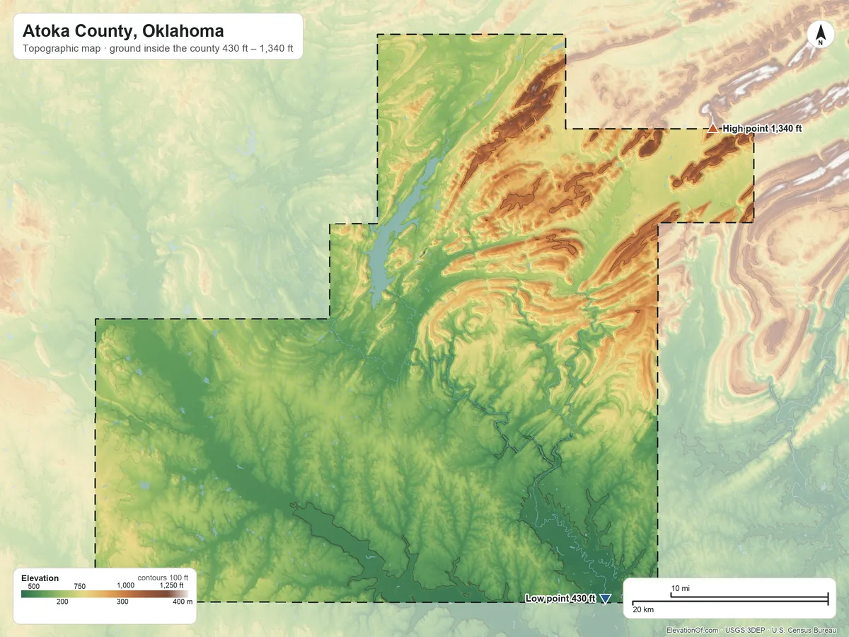 Topographic elevation map of Atoka County, Oklahoma, shaded from 430 ft on the southeast side to 1,340 ft on the northeast side