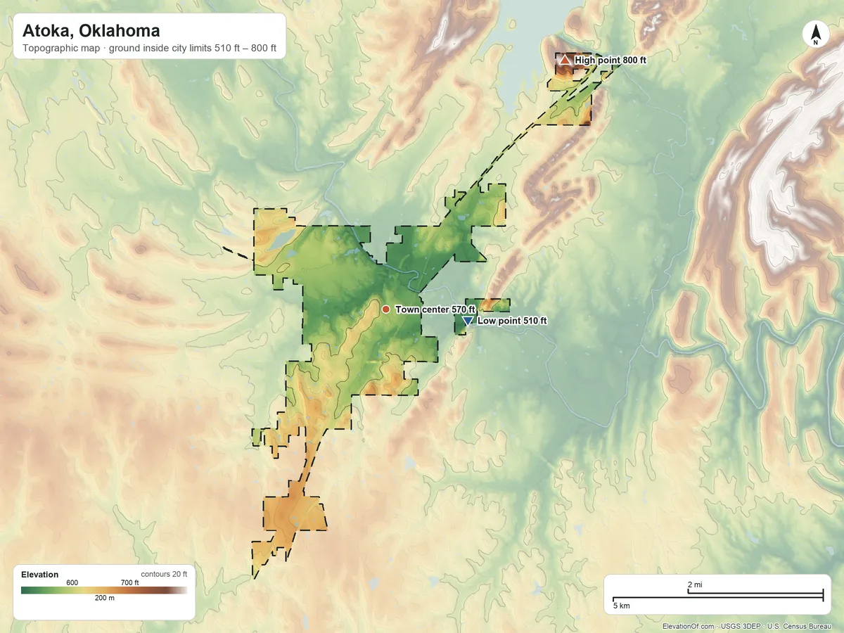 Topographic elevation map of Atoka, Oklahoma, shaded from 510 ft on the east side to 800 ft on the northeast side