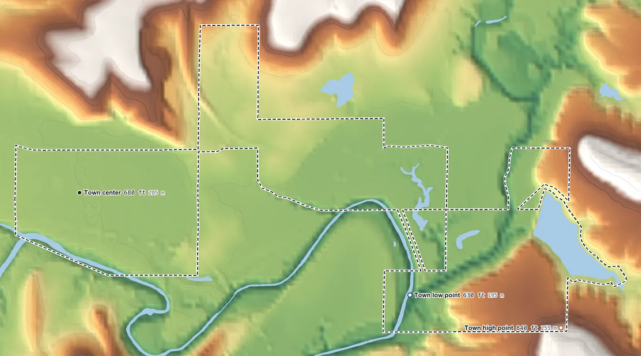 Topographic elevation map of Avant, Oklahoma, shaded from 630 ft on the east side to 840 ft on the east side