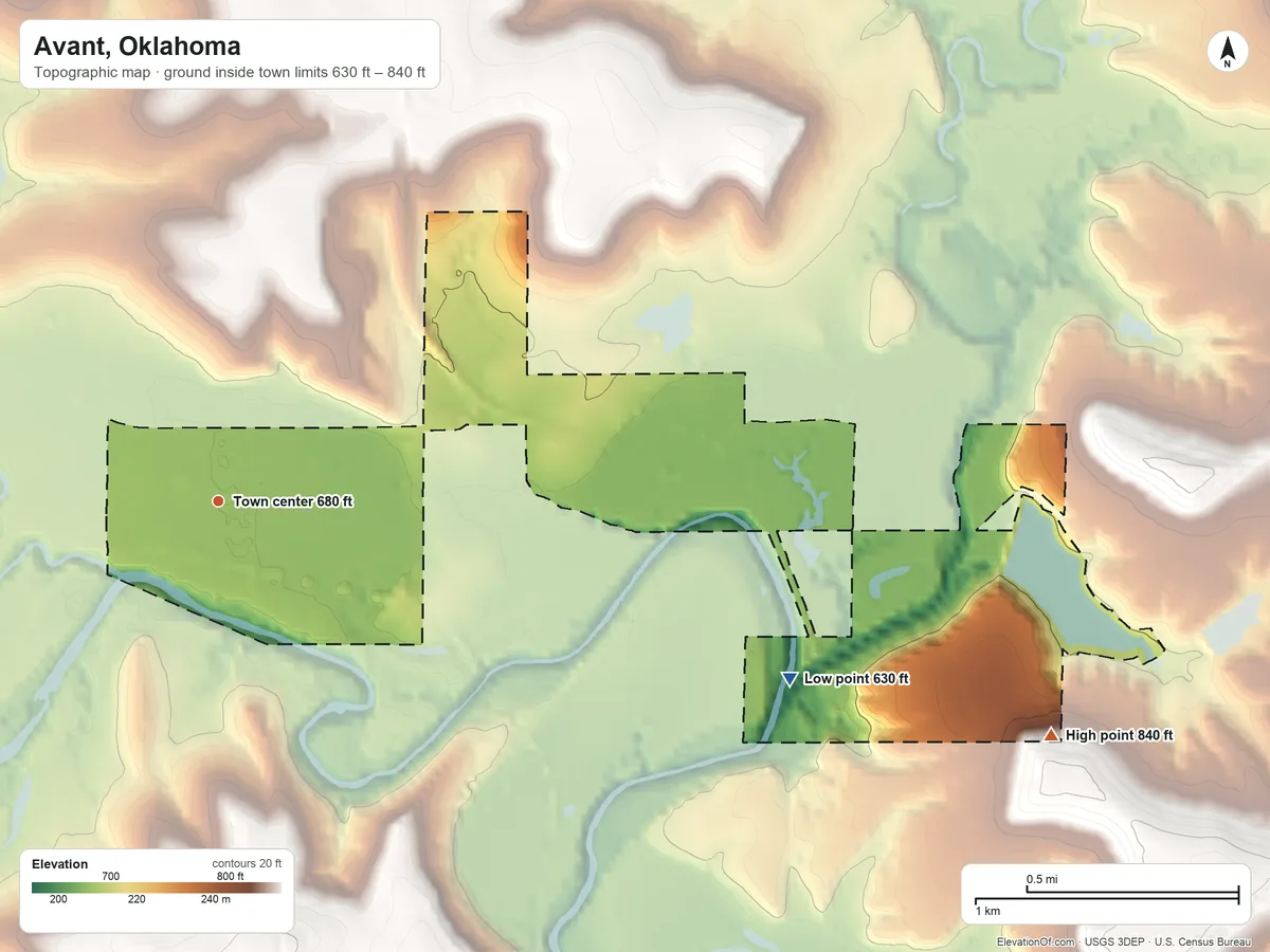 Topographic elevation map of Avant, Oklahoma, shaded from 630 ft on the east side to 840 ft on the east side