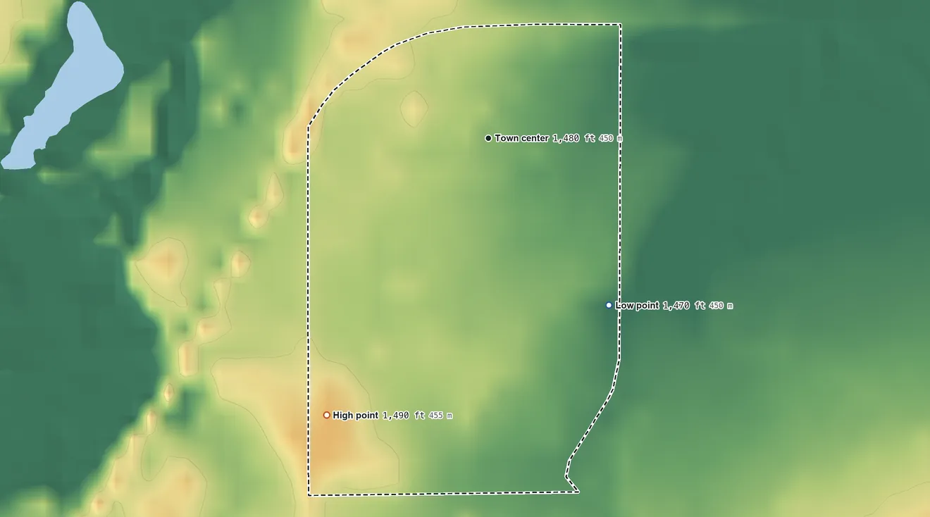 Topographic elevation map of Avard, Oklahoma, shaded from 1,470 ft on the southeast side to 1,490 ft on the southwest side