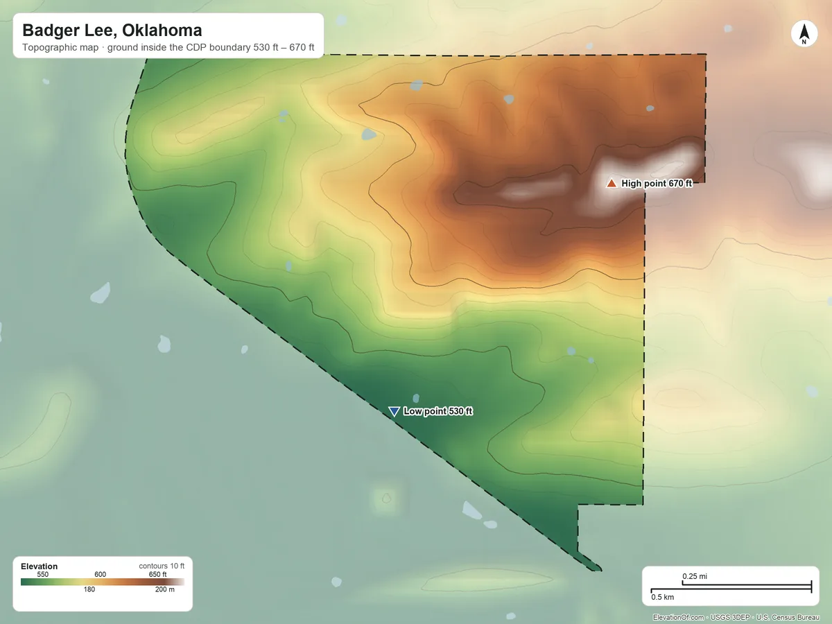 Topographic elevation map of Badger Lee, Oklahoma, shaded from 530 ft on the southwest side to 670 ft near the middle