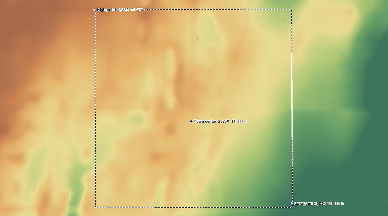 Topographic elevation map of Baker, Oklahoma, shaded from 2,830 ft on the southeast side to 2,850 ft on the northwest side