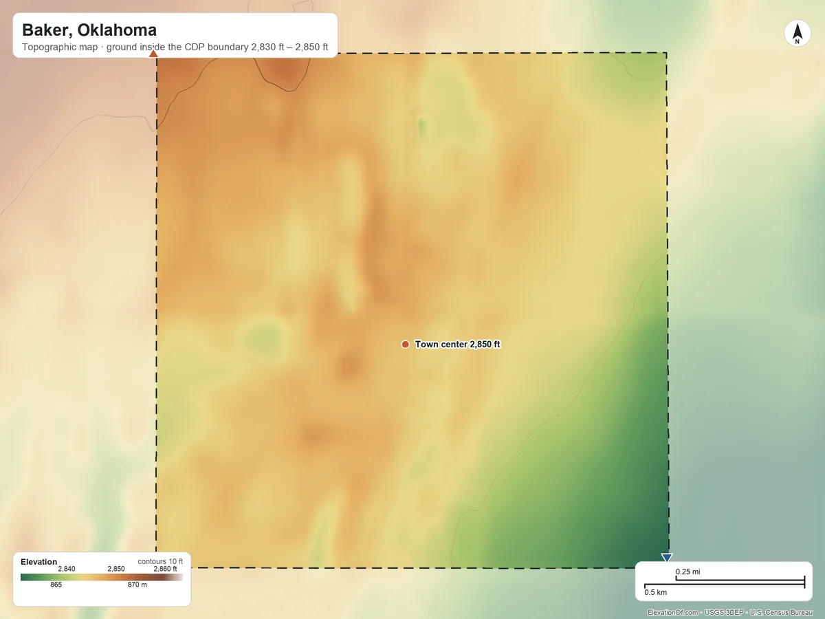 Topographic elevation map of Baker, Oklahoma, shaded from 2,830 ft on the southeast side to 2,850 ft on the northwest side