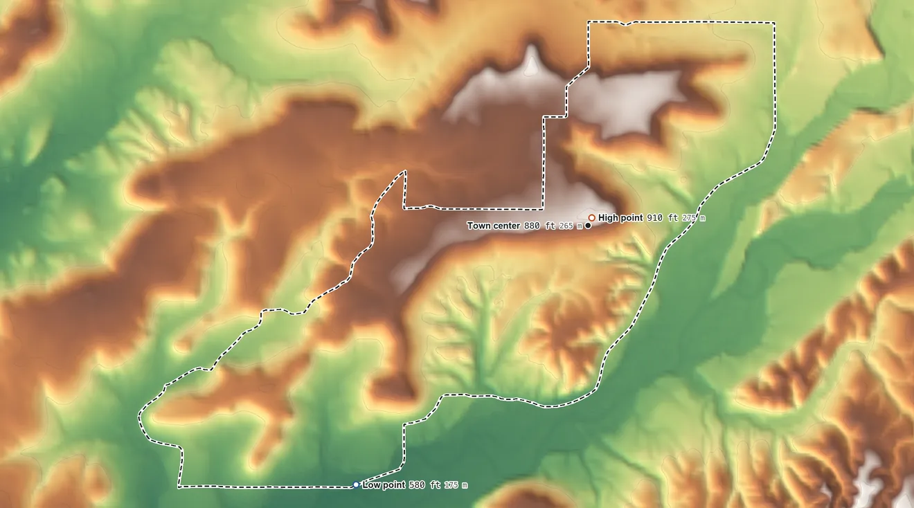 Topographic elevation map of Ballou, Oklahoma, shaded from 580 ft on the southwest side to 910 ft near the middle