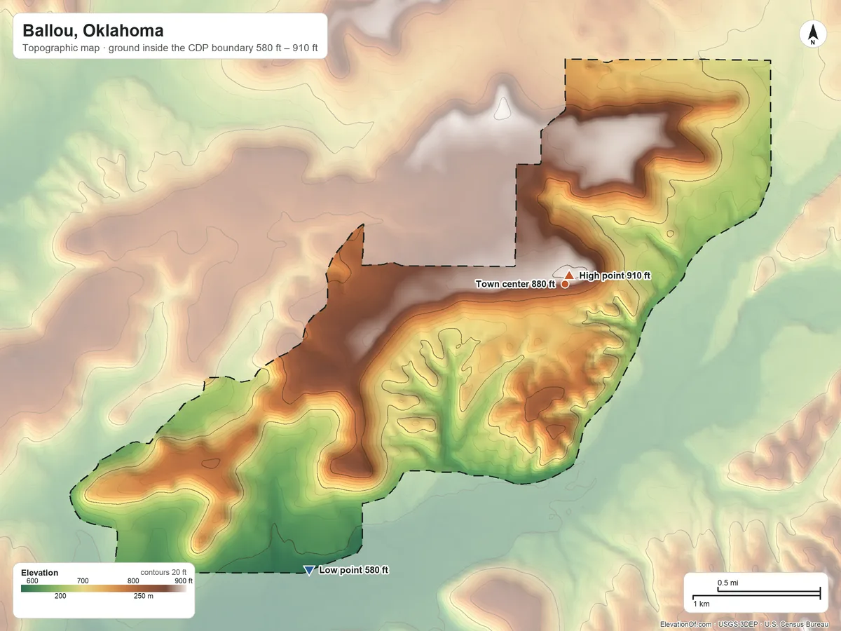Topographic elevation map of Ballou, Oklahoma, shaded from 580 ft on the southwest side to 910 ft near the middle