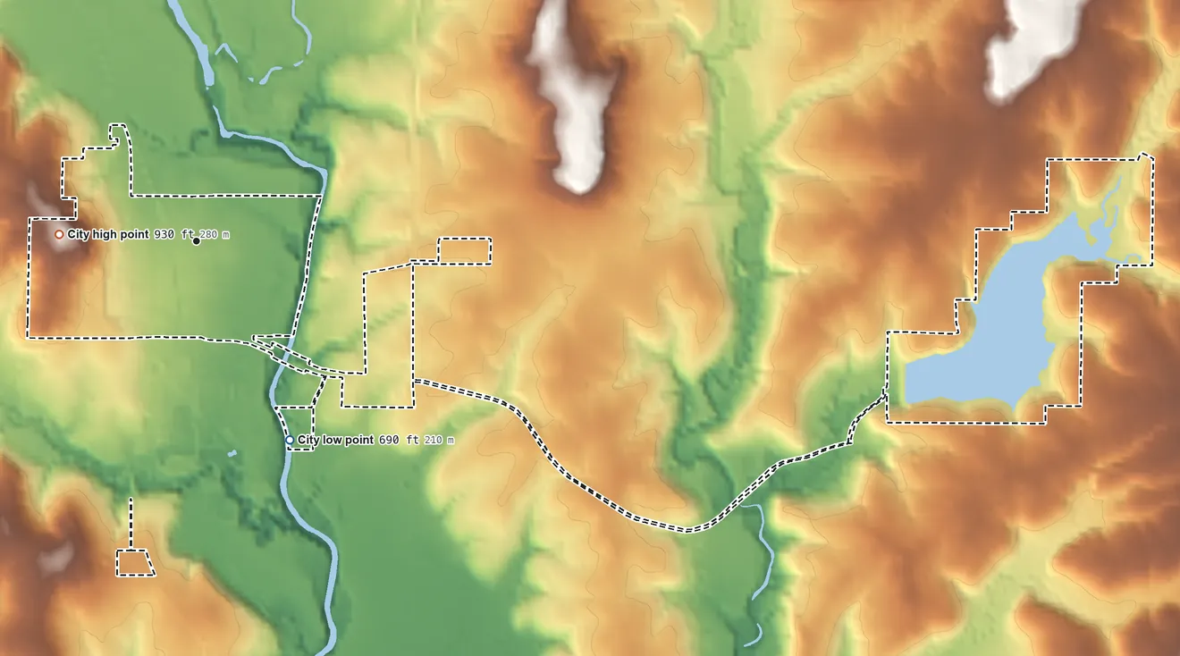 Topographic elevation map of Barnsdall, Oklahoma, shaded from 690 ft on the southeast side to 930 ft on the west side