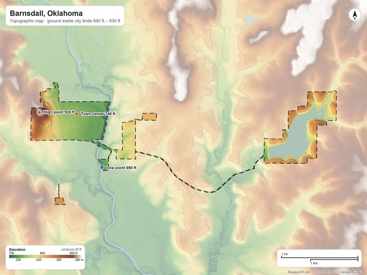 Topographic elevation map of Barnsdall, Oklahoma, shaded from 690 ft on the southeast side to 930 ft on the west side
