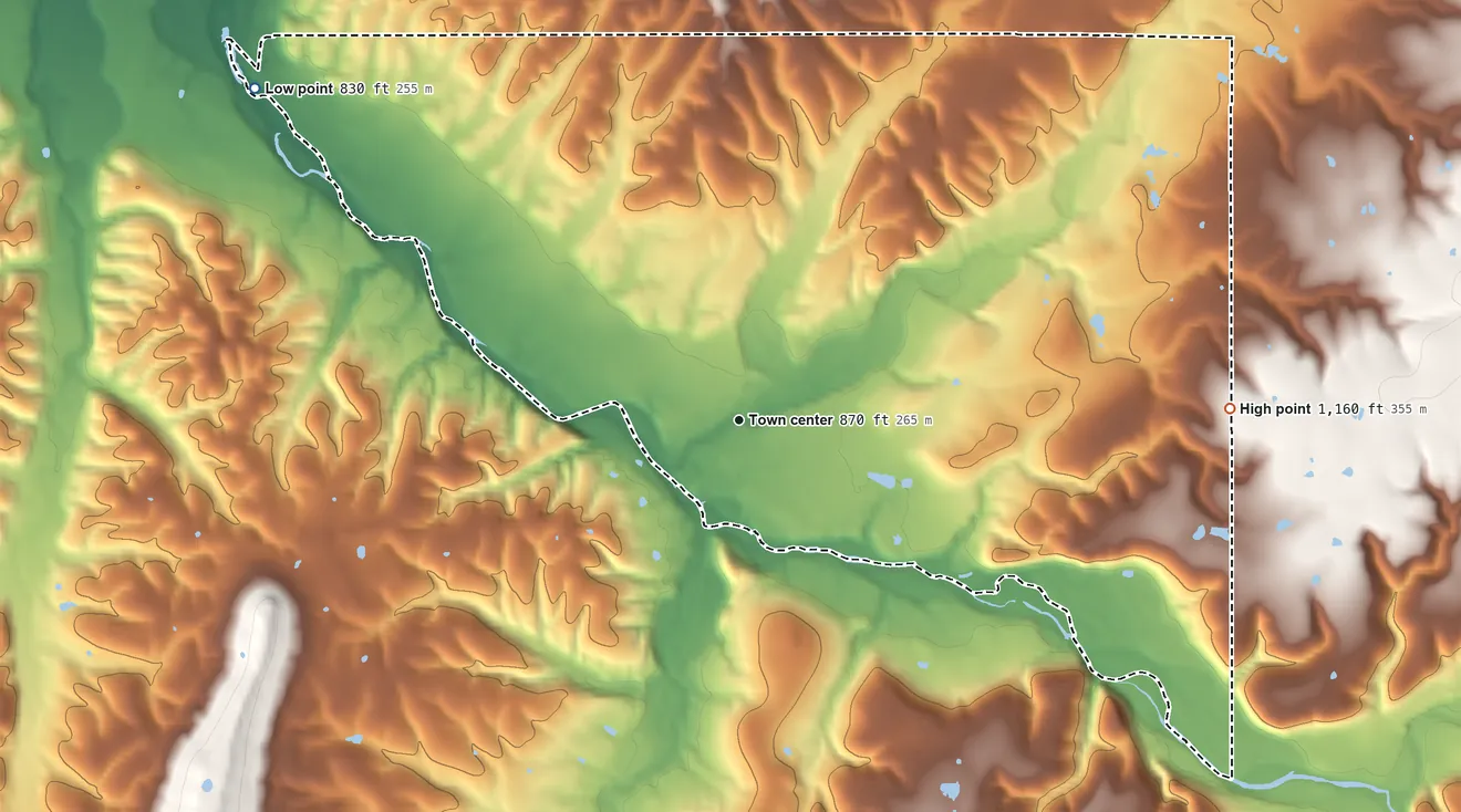 Topographic elevation map of Baron, Oklahoma, shaded from 830 ft on the northwest side to 1,160 ft on the east side