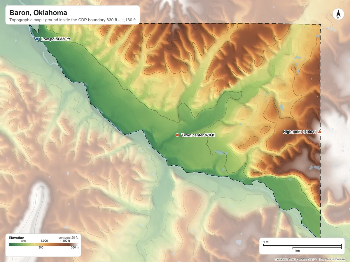 Topographic elevation map of Baron, Oklahoma, shaded from 830 ft on the northwest side to 1,160 ft on the east side