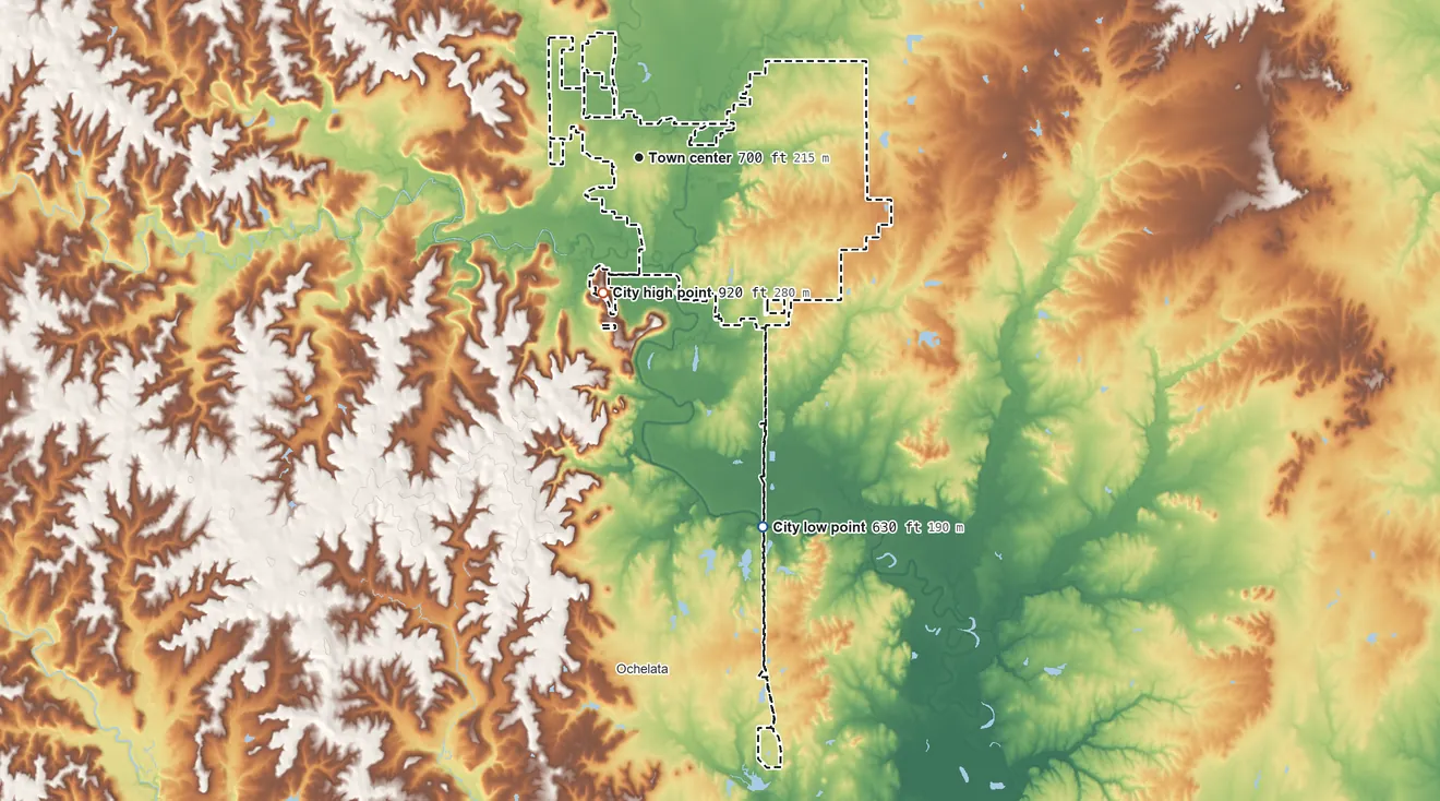 Topographic elevation map of Bartlesville, Oklahoma, shaded from 630 ft on the south side to 920 ft on the south side