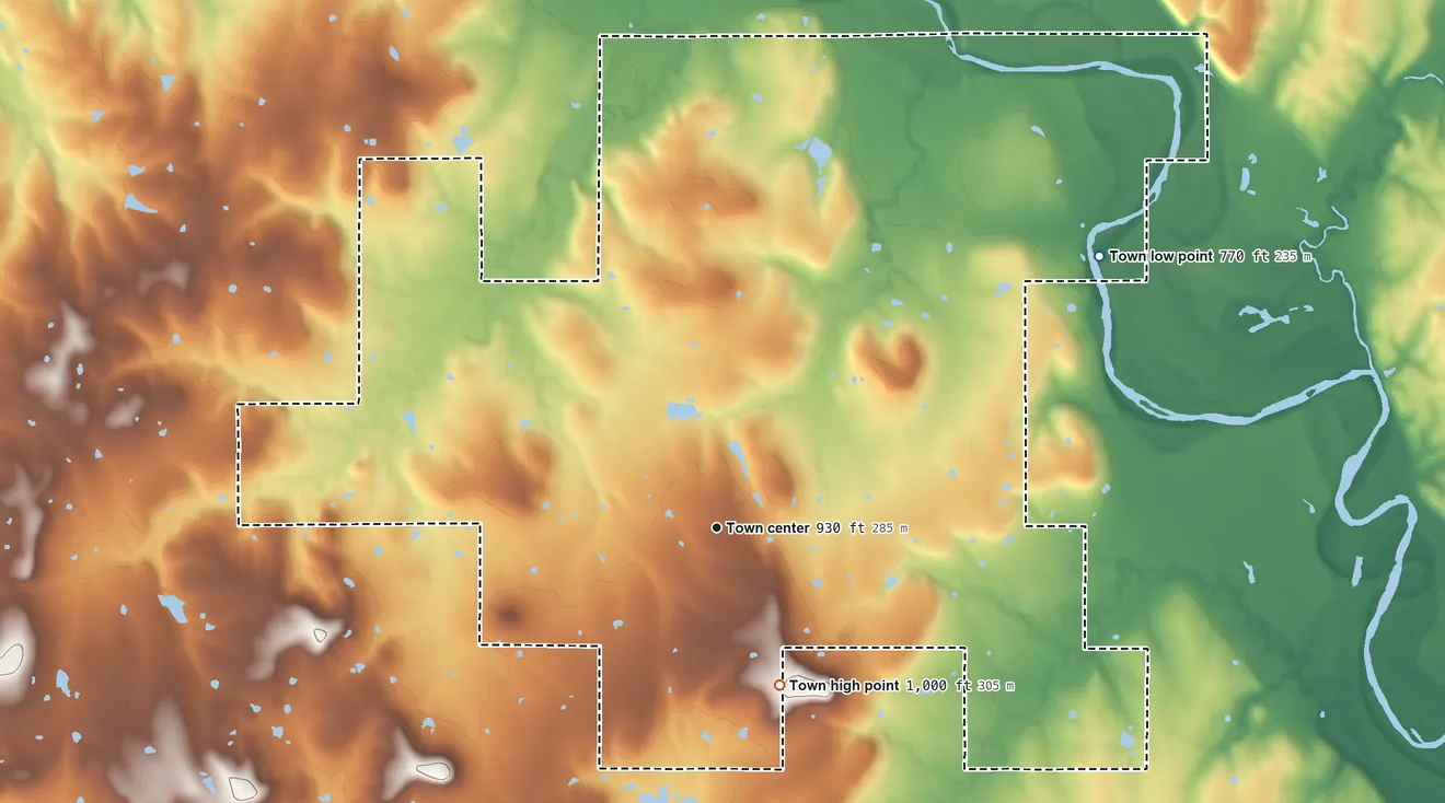 Topographic elevation map of Bearden, Oklahoma, shaded from 770 ft on the northeast side to 1,000 ft on the south side