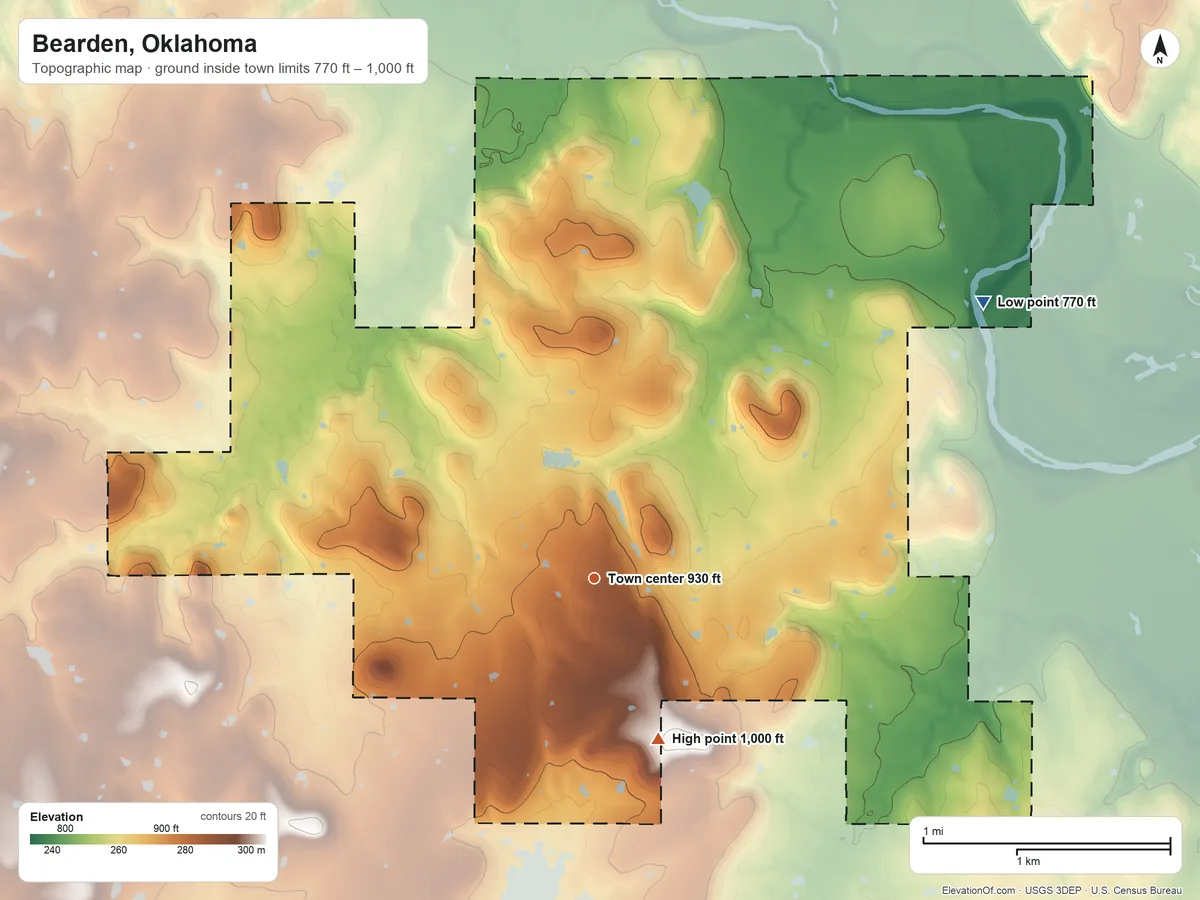 Topographic elevation map of Bearden, Oklahoma, shaded from 770 ft on the northeast side to 1,000 ft on the south side