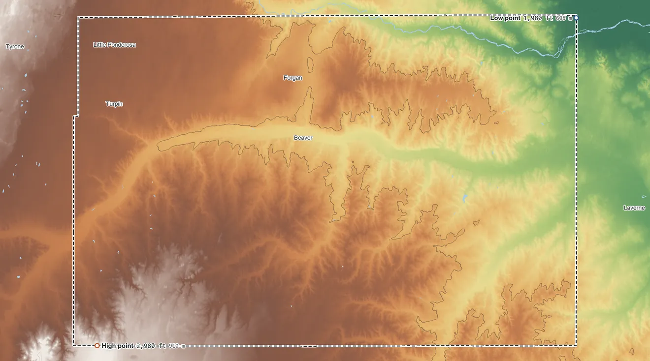 Topographic elevation map of Beaver County, Oklahoma, shaded from 1,980 ft on the northeast side to 2,980 ft on the southwest side