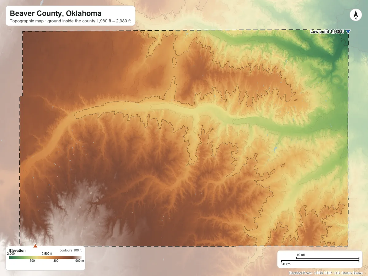 Topographic elevation map of Beaver County, Oklahoma, shaded from 1,980 ft on the northeast side to 2,980 ft on the southwest side