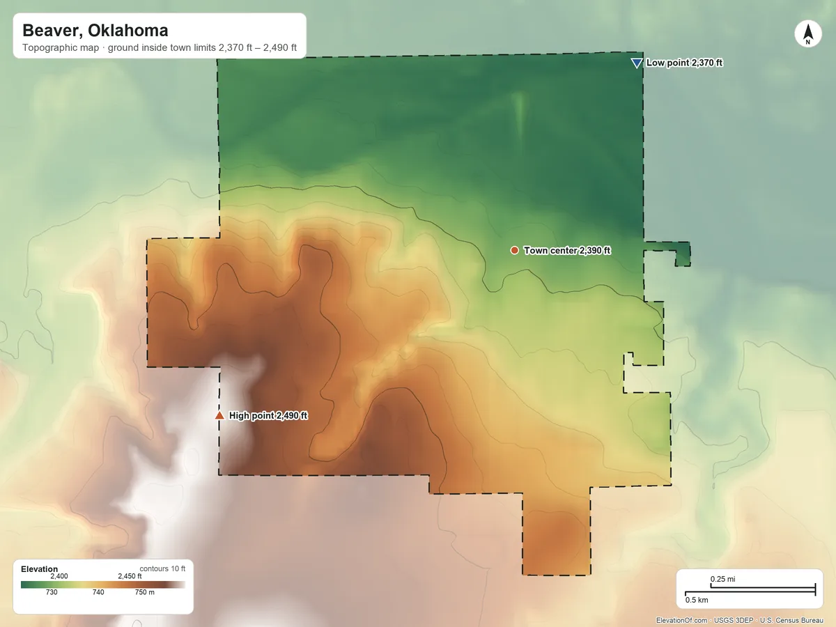 Topographic elevation map of Beaver, Oklahoma, shaded from 2,370 ft on the northeast side to 2,490 ft on the southwest side