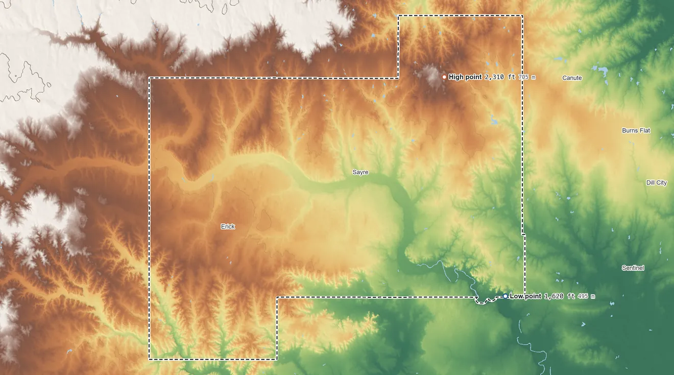 Topographic elevation map of Beckham County, Oklahoma, shaded from 1,620 ft on the southeast side to 2,310 ft on the northeast side