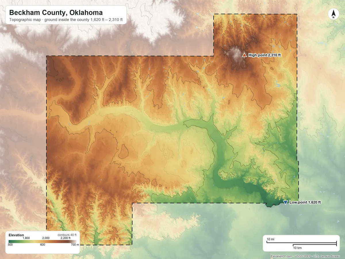 Topographic elevation map of Beckham County, Oklahoma, shaded from 1,620 ft on the southeast side to 2,310 ft on the northeast side