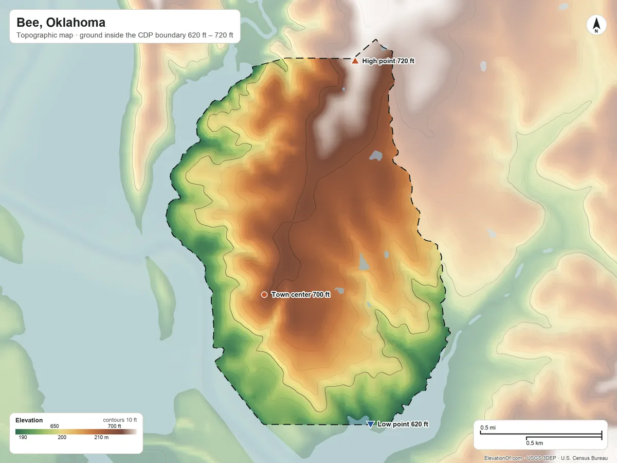 Topographic elevation map of Bee, Oklahoma, shaded from 620 ft on the southeast side to 720 ft on the north side