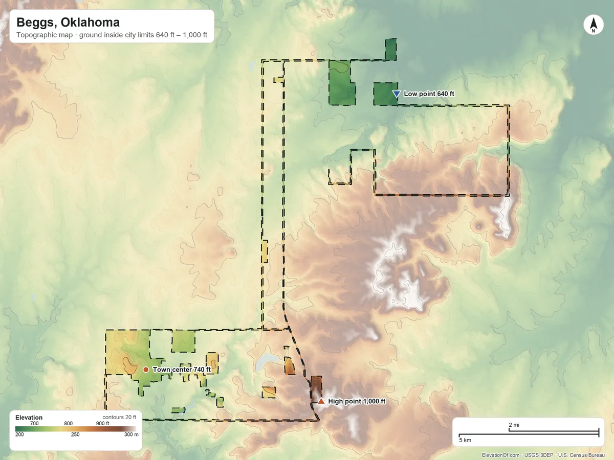 Topographic elevation map of Beggs, Oklahoma, shaded from 640 ft on the northeast side to 1,000 ft on the east side