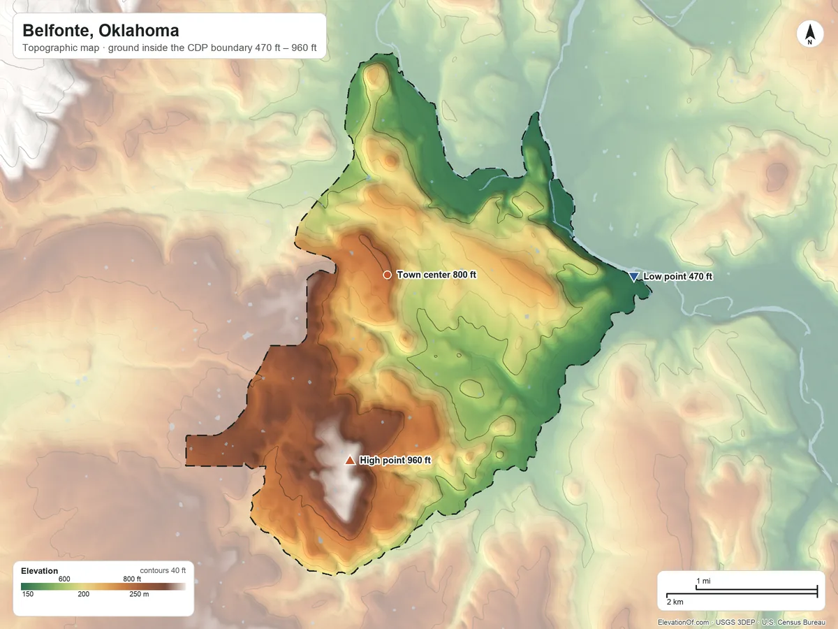 Topographic elevation map of Belfonte, Oklahoma, shaded from 470 ft on the east side to 960 ft on the south side