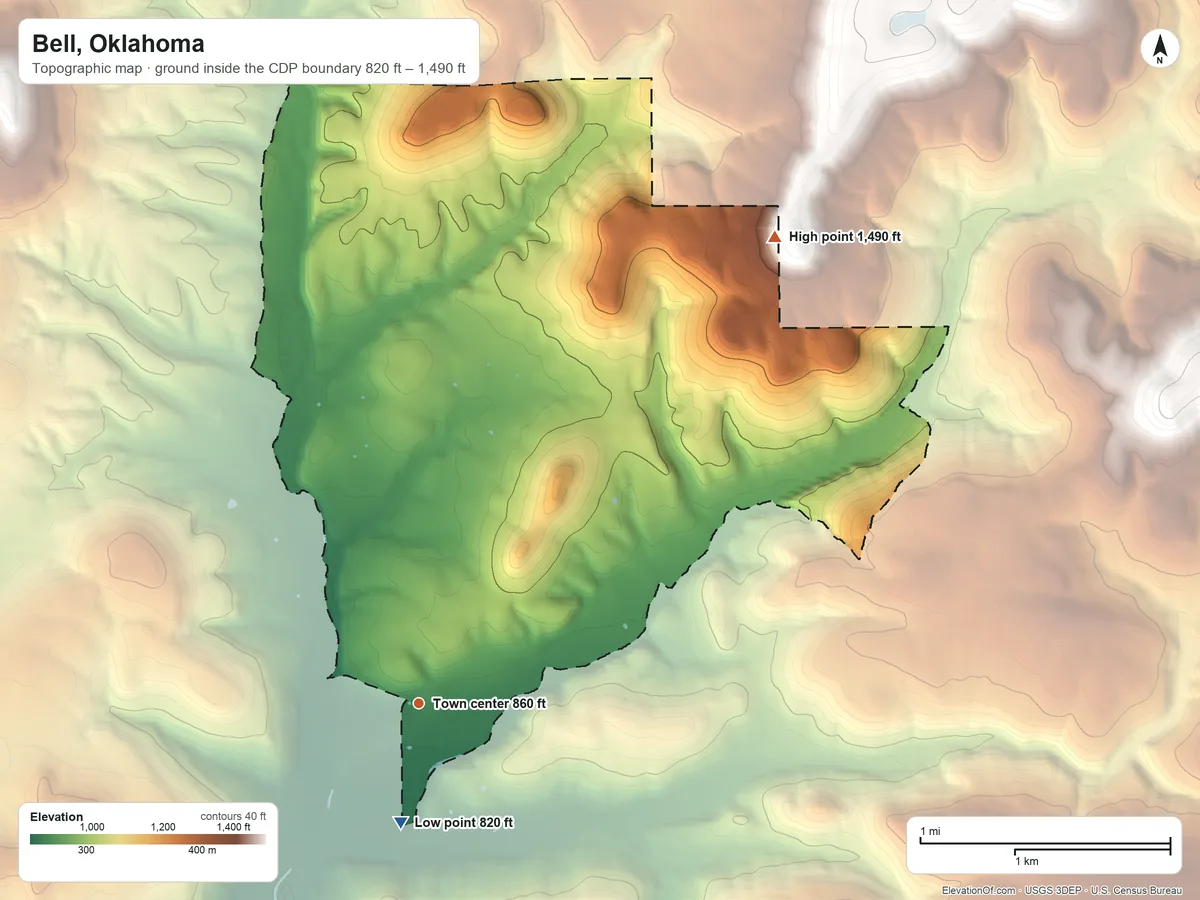 Topographic elevation map of Bell, Oklahoma, shaded from 820 ft on the south side to 1,490 ft on the northeast side